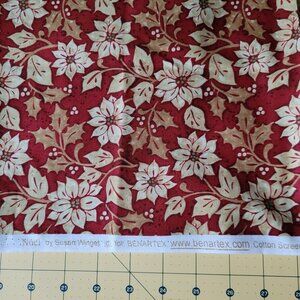 1 Yard of White Poinsettias on Red Background Fabric "Noel" by Susan Winget